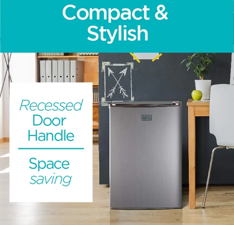 BLACK+DECKER 2.5 Cu. Ft. Compact Refrigerator, ENERGY STAR Certified Small Refrigerator, Single Door Mini Fridge with Freezer, Personal Fridge for Home/Dorm Room, R600a Refrigerant, VCM Stainless Look