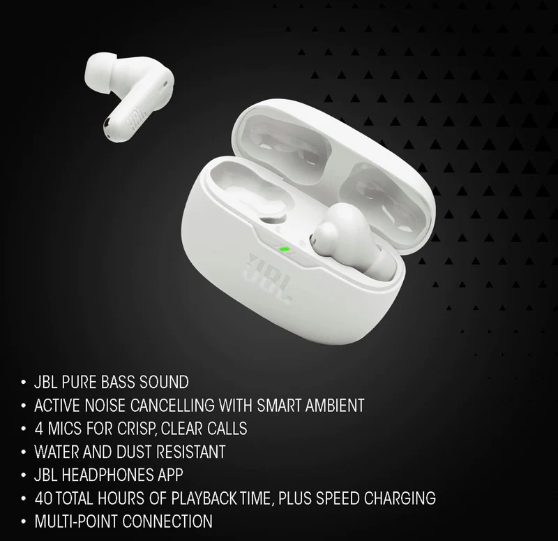 JBL Vibe Beam 2 - True Wireless Noise Cancelling Earbuds Pure Bass Sound & Smart Ambient Technology, 4mics for Crisp, Clear Calls, up to 40Hrs of Playback, IP54 Dust & Water Resistant (Black)