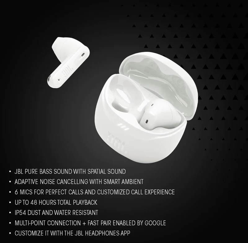 JBL Tune Flex 2 - True Wireless Noise Cancelling Earbuds Spatial Sound and Smart Ambient Technology P54 Dust & Water Resistant (White)