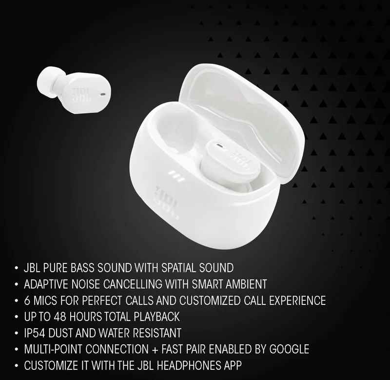 JBL Tune Buds 2 - True Wireless Noise Cancelling Earbuds Spatial Sound and Smart Ambient Technology IP54 Dust & Water Resistant (White)