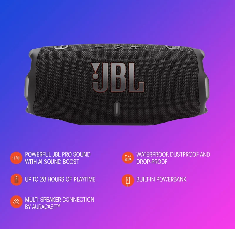 JBL Charge 6 - Portable Waterproof & Drop-Proof Bluetooth Speaker with a Sturdy/Removable Carrying Strap (Black)