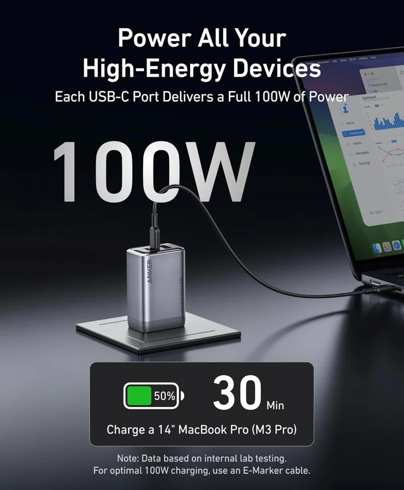 Anker Prime Charger, 100W 3-Port GaN USB C Charger Block, Foldable and Compact - NEW