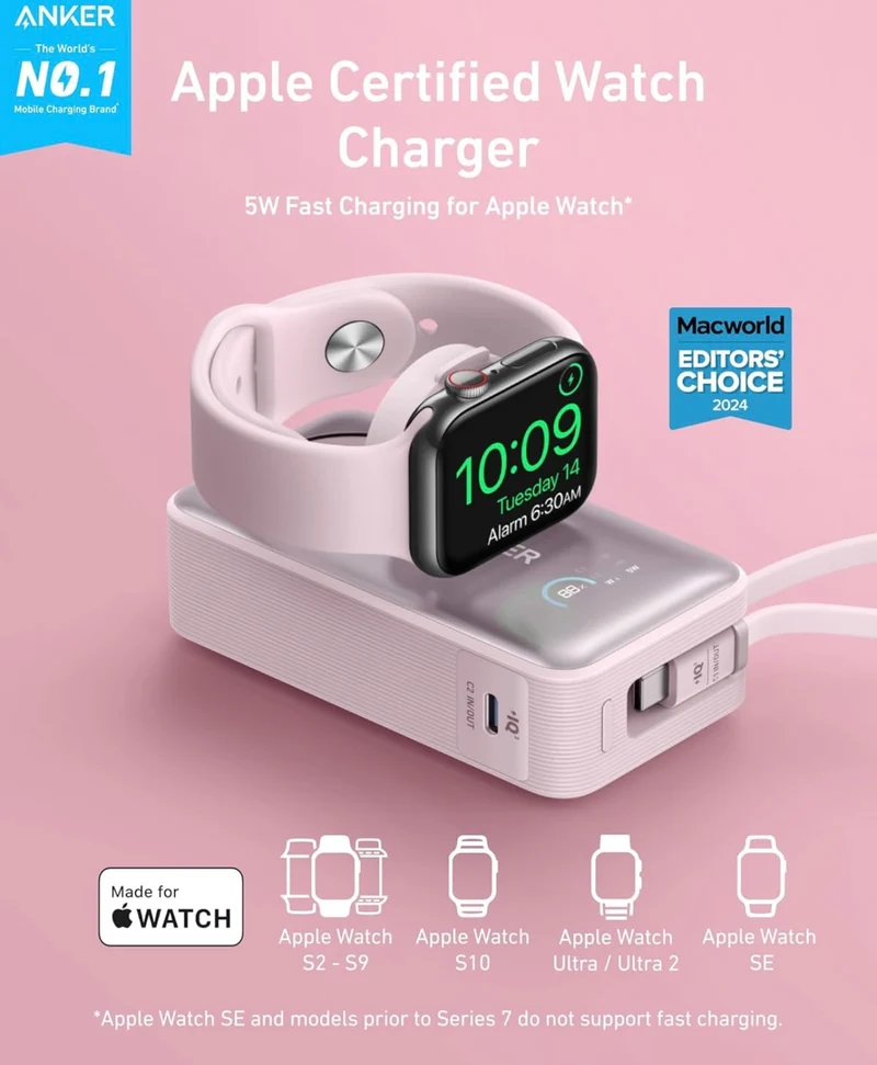 Anker MagGo Power Bank for Apple Watch, Officially Certified, 10,000 mAh Compact Battery - Pink