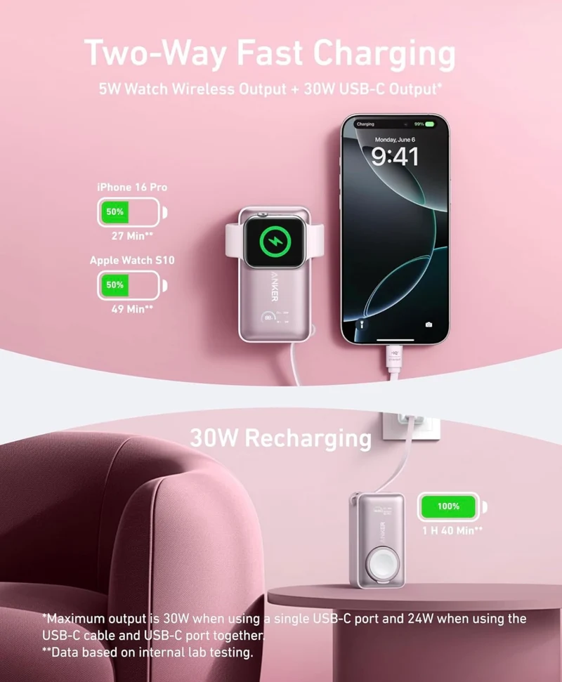 Anker MagGo Power Bank for Apple Watch, Officially Certified, 10,000 mAh Compact Battery - Pink