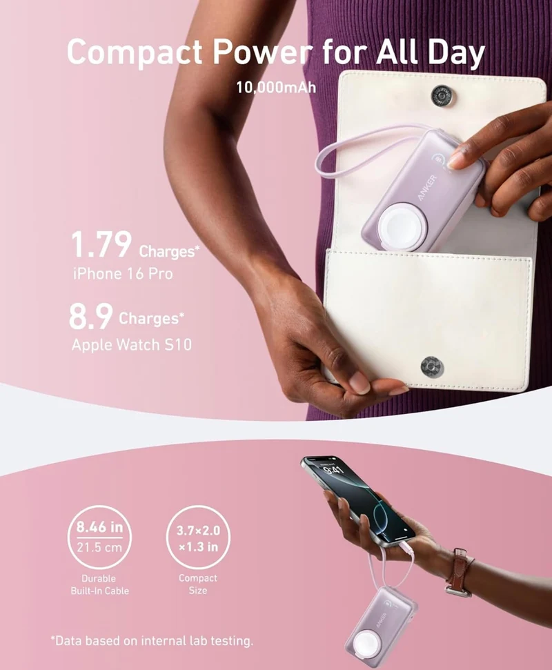 Anker MagGo Power Bank for Apple Watch, Officially Certified, 10,000 mAh Compact Battery - Pink