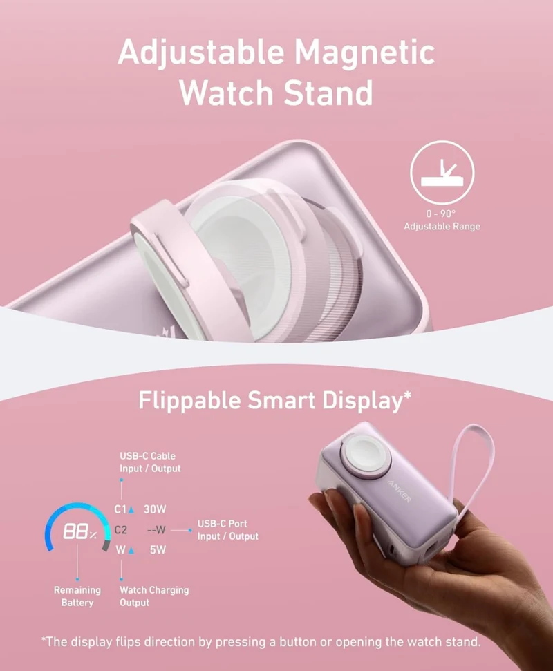 Anker MagGo Power Bank for Apple Watch, Officially Certified, 10,000 mAh Compact Battery - Pink