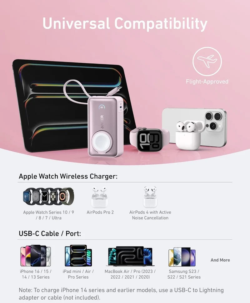 Anker MagGo Power Bank for Apple Watch, Officially Certified, 10,000 mAh Compact Battery - Pink