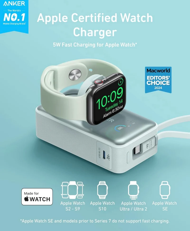 Anker MagGo Power Bank for Apple Watch, Officially Certified, 10,000 mAh Compact Battery - Green