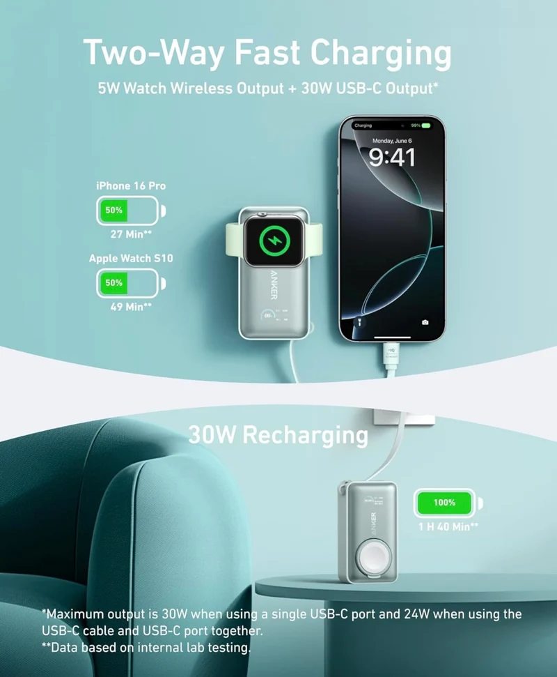 Anker MagGo Power Bank for Apple Watch, Officially Certified, 10,000 mAh Compact Battery - Green