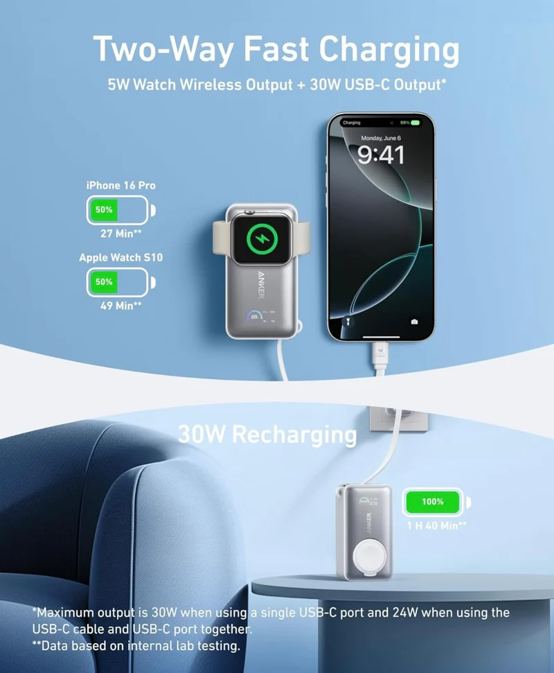 Anker MagGo Power Bank for Apple Watch, Officially Certified, 10,000 mAh Compact Battery - NEW