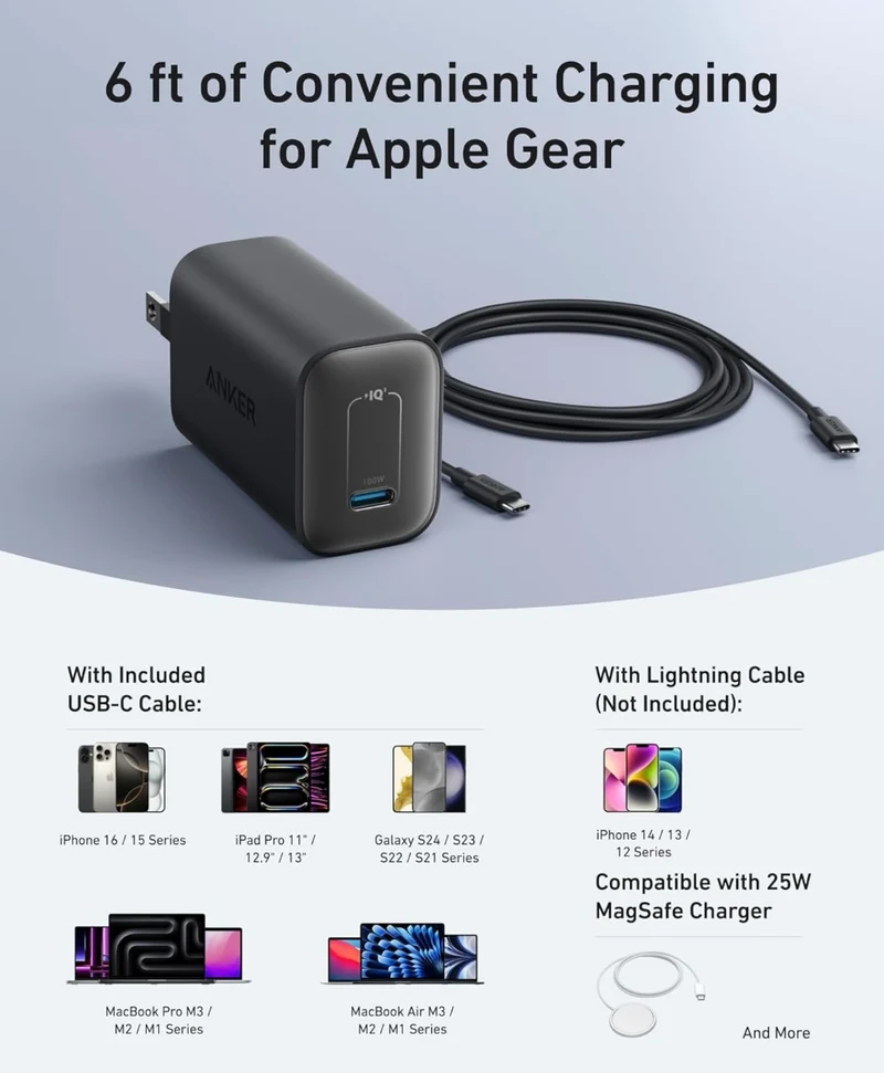 Anker Nano Charger, 100W Foldable Type C Charger for iPhone Series, and All USB C - 6FT USB-C Cable Included