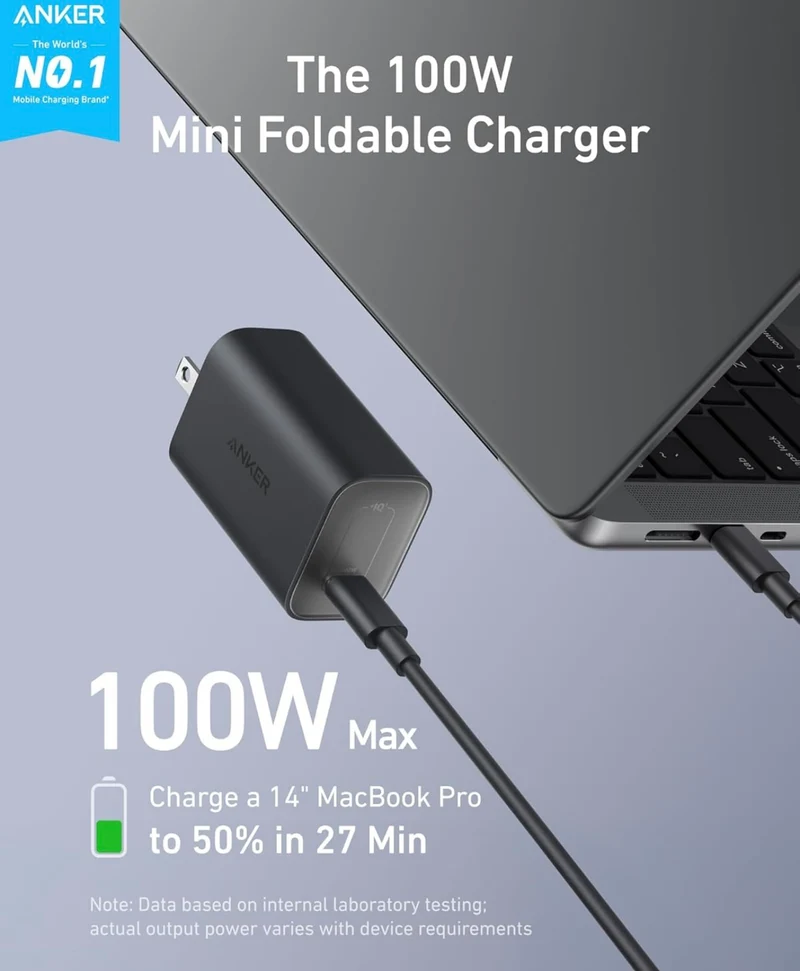 Anker Nano Charger, 100W Foldable MacBook Charger for iPhone Series, and All USB-C Devices, 6ft USB-C Cable Included