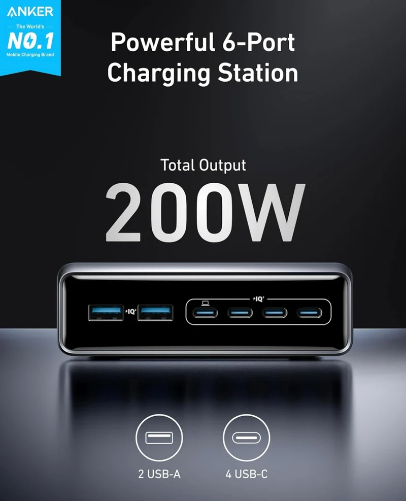 Anker Prime Charger, 200W 6-Port GaN Charging Station, USB-C PD Fast Charging Desktop - NEW