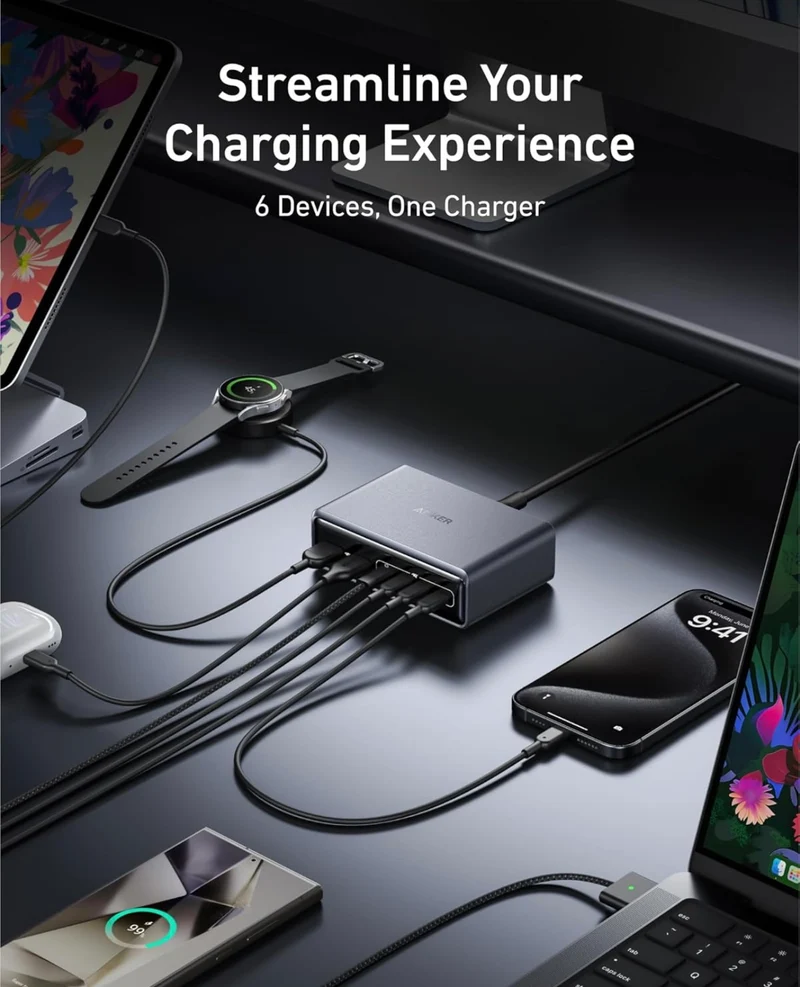 Anker Prime Charger, 200W 6-Port GaN Charging Station, USB-C PD Fast Charging Desktop - NEW