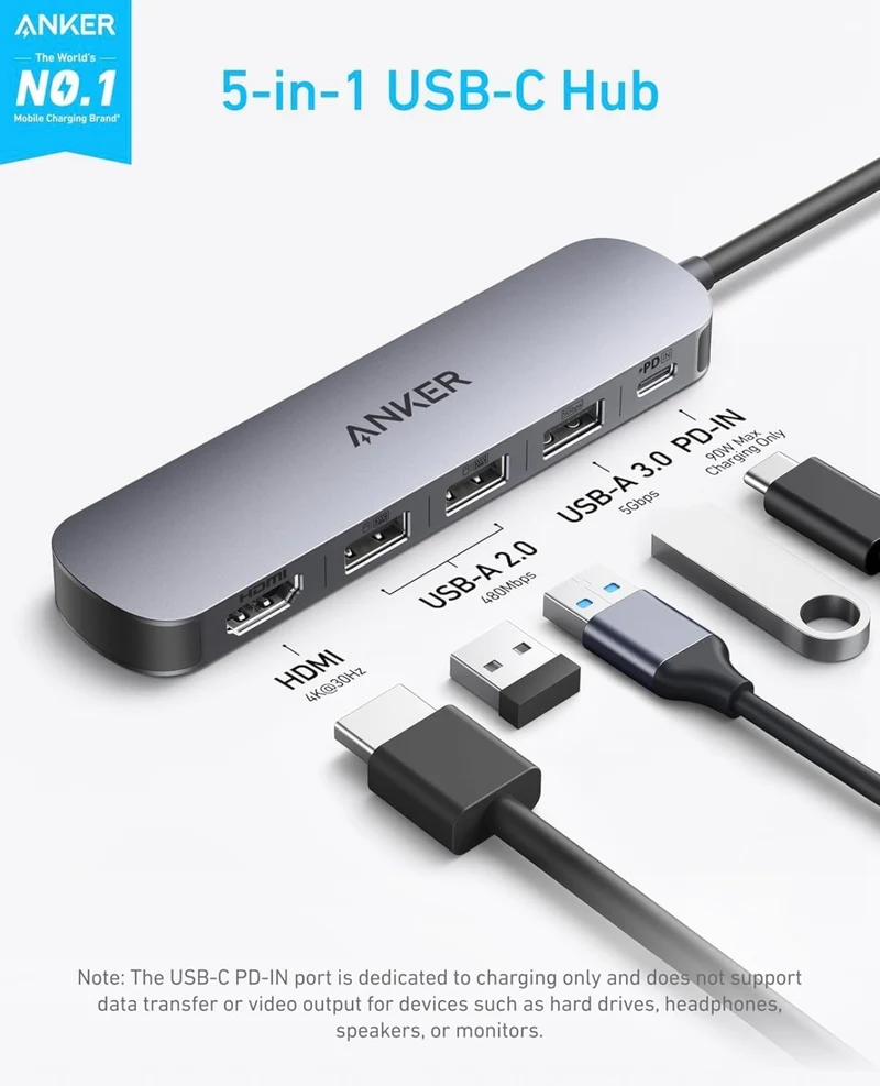 Anker USB-C Hub (5-in-1), 4K@30Hz HDMI with 100W Max Power Delivery - (Charger Not Included)