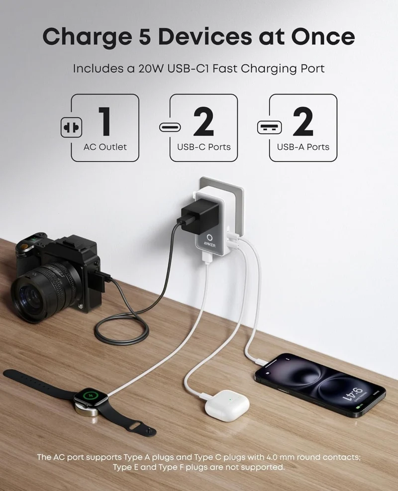 Anker Nano Travel Adapter, 5-Port Power Adapter with 1 AC, 2 USB-A, and 2 USB-C Ports - WHITE