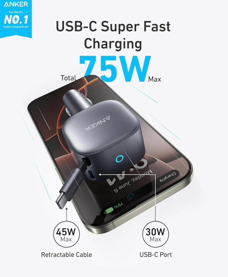 Anker USB-C Car Charger, 75W Max, Ultra-Compact, Type-C Fast Charger - NEW