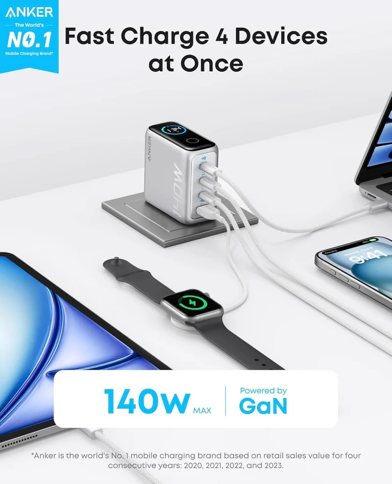 Anker Laptop Charger, 140W MAX USB C Charger, 4-Port Multi-Device Fast Charging - SILVER