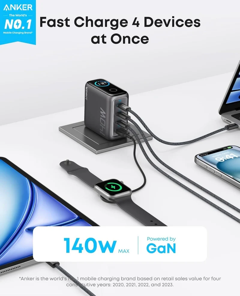 Anker Laptop Charger, 140W MAX USB C Charger, 4-Port Multi-Device Fast Charging, - BLACK