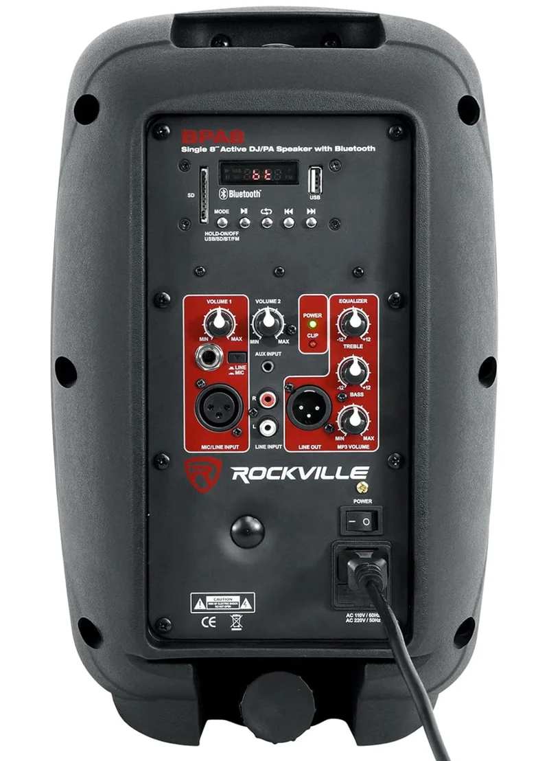 Rockville BPA8 8" 300W Powered PA DJ Speaker with Bluetooth, XLR, 1/4", RCA, 1/8" Inputs, USB/SD Music Player, Deep Bass, Remote Included