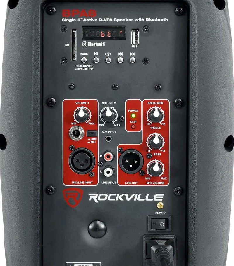 Rockville BPA8 8" 300W Powered PA DJ Speaker with Bluetooth, XLR, 1/4", RCA, 1/8" Inputs, USB/SD Music Player, Deep Bass, Remote Included