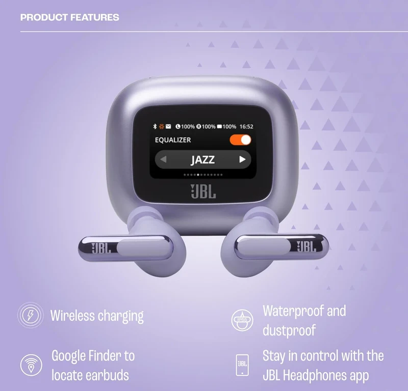 JBL Live Beam 3 - True wireless noise-cancelling closed-stick earbuds, 48Hrs total playback, Wireless Charging, 6 Mics for perfect calls, Multi-point connection, IP55 waterproof and dustproof (Purple)