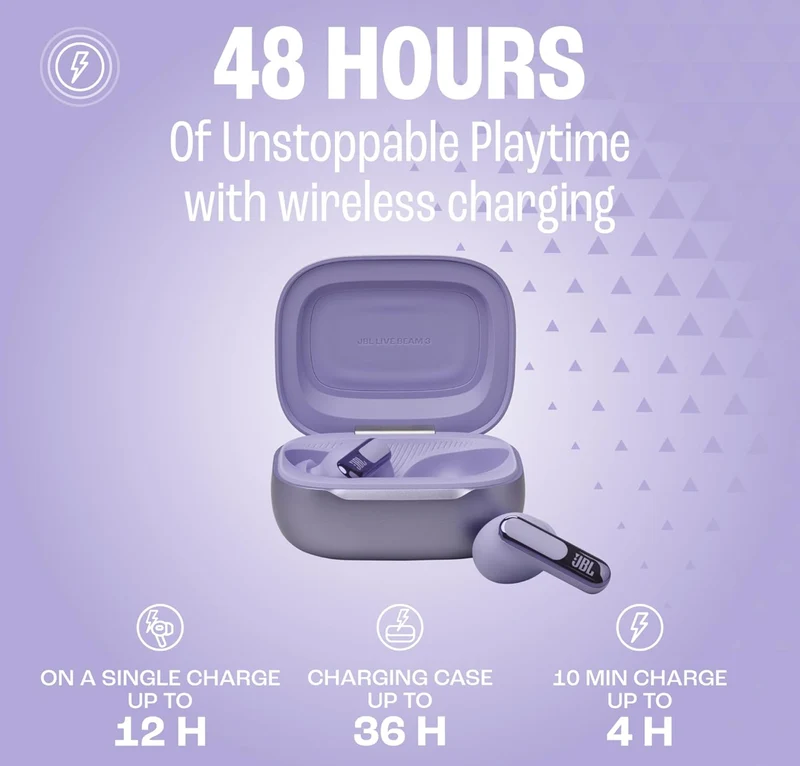JBL Live Beam 3 - True wireless noise-cancelling closed-stick earbuds, 48Hrs total playback, Wireless Charging, 6 Mics for perfect calls, Multi-point connection, IP55 waterproof and dustproof (Purple)