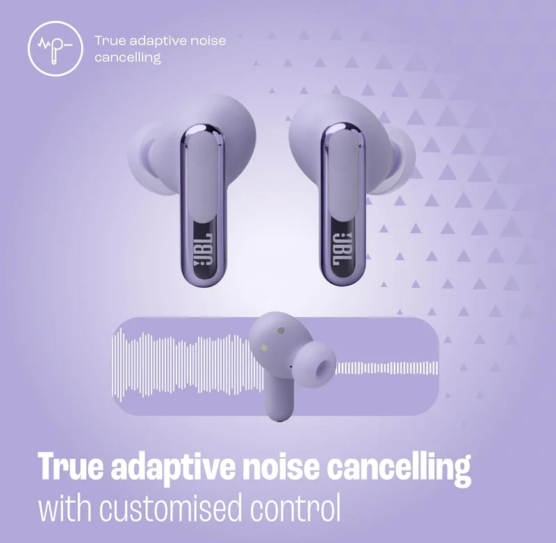JBL Live Beam 3 - True wireless noise-cancelling closed-stick earbuds, 48Hrs total playback, Wireless Charging, 6 Mics for perfect calls, Multi-point connection, IP55 waterproof and dustproof (Purple)
