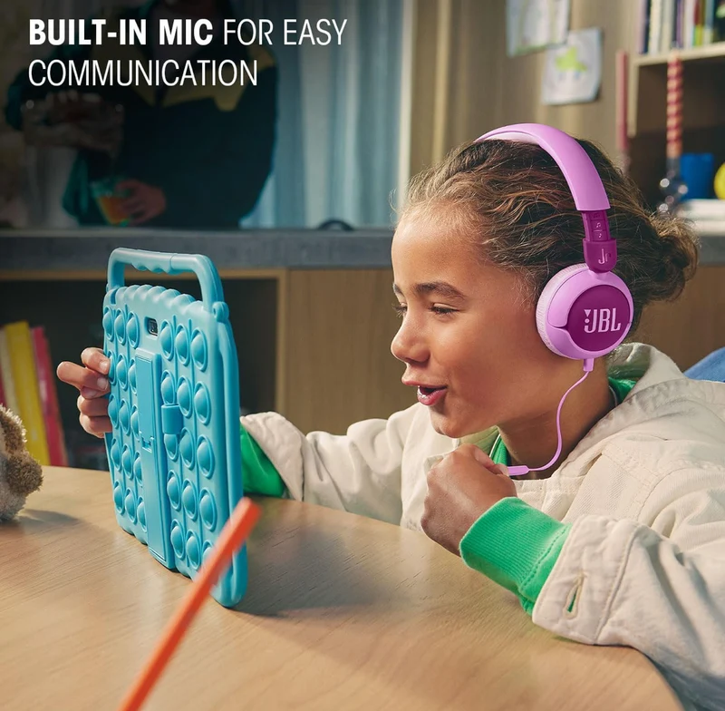 JBL Junior 320 - Wired on-Ear Kids Headphones Safe Sound (<85dB), Built-in mic, Fit for Kids and Customizable with Included Stickers (Blue)