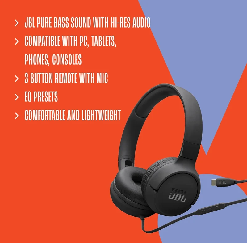 JBL Tune 520C - USB-C Wired on-Ear Headphones with Hi-Res Audio Support, Pure Bass Sound, Comfort fit, USB-C connectivity, 3-Button Remote with Microphone and EQ presets Control (Purple)
