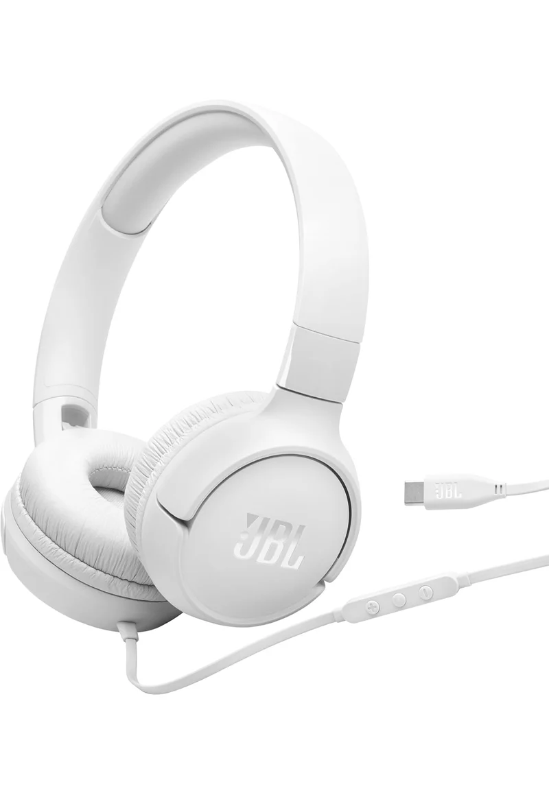 JBL Tune 520C - USB-C Wired on-Ear Headphones with Hi-Res Audio Support, Pure Bass Sound, Comfort fit, USB-C connectivity, 3-Button Remote with Microphone and EQ presets Control (White)