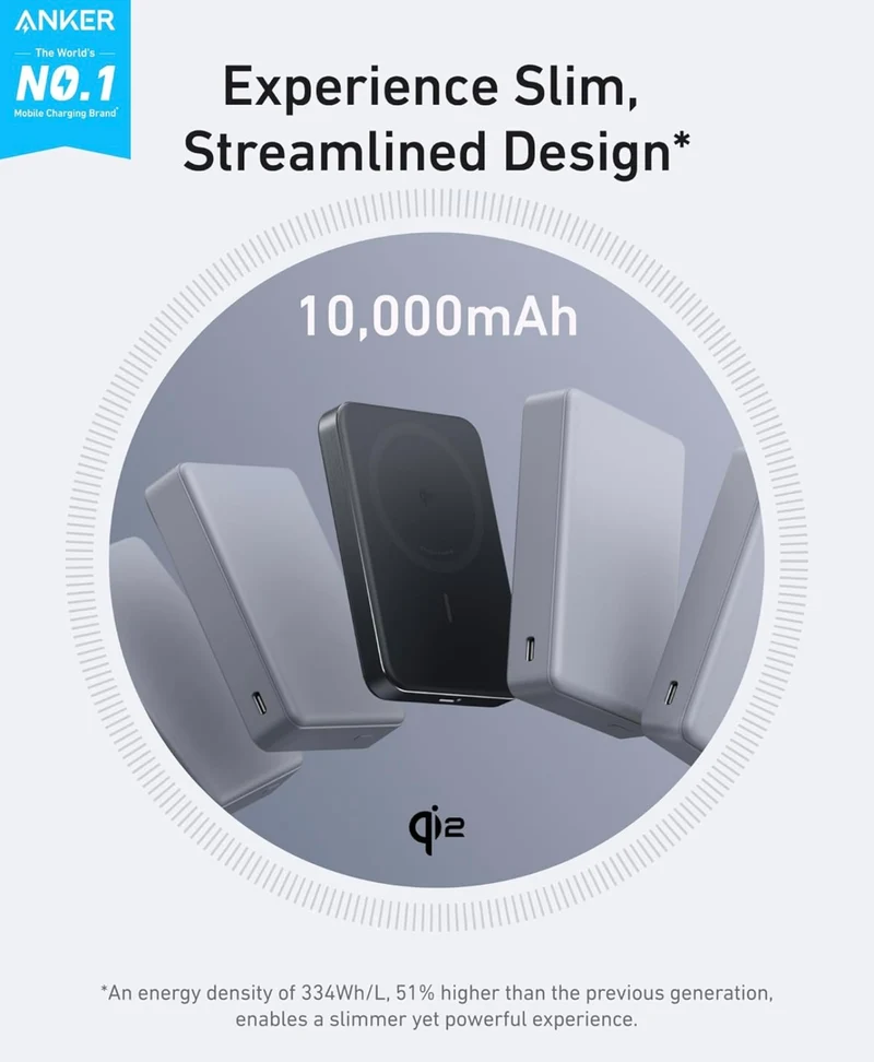 Anker MagGo Power Bank, Ultra Slim 10000mAh Magnetic Battery Pack, Qi2 Certified - BLACK