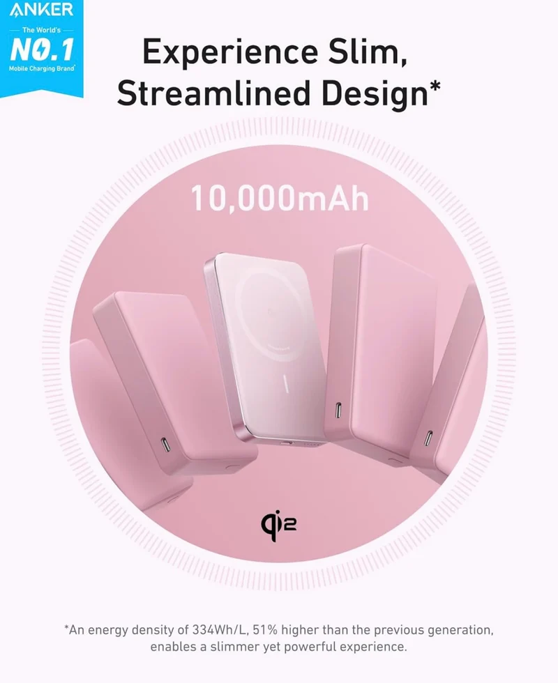 Anker MagGo Power Bank, Ultra Slim 10000mAh Magnetic Battery Pack, Qi2 Certified - ROSE