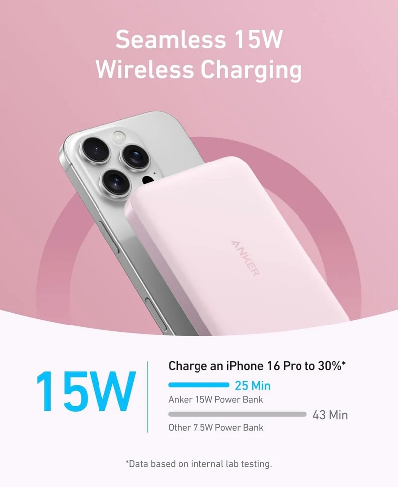 Anker MagGo Power Bank, Ultra Slim 10000mAh Magnetic Battery Pack, Qi2 Certified - ROSE