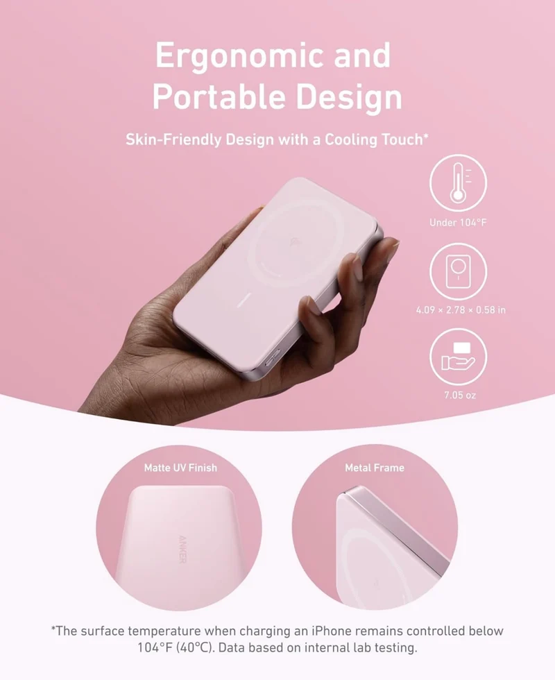 Anker MagGo Power Bank, Ultra Slim 10000mAh Magnetic Battery Pack, Qi2 Certified - ROSE