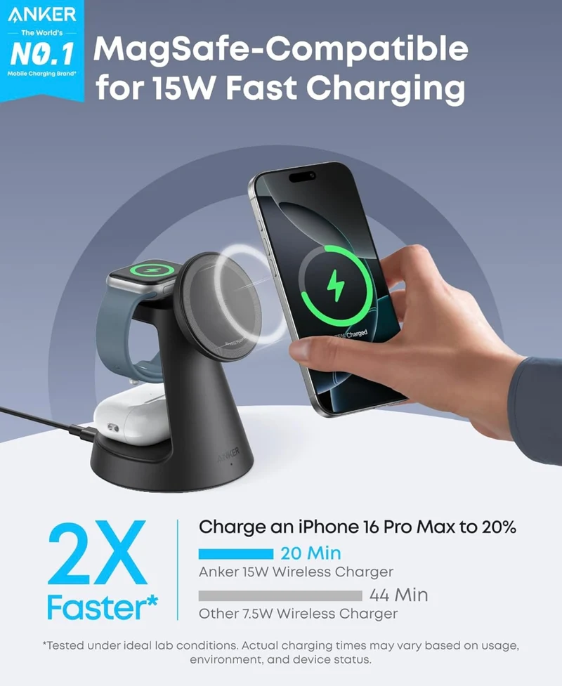 Anker MagSafe Charger Compatible, MagGo 3-in-1 Charging Station, Qi2 Certified - (Adapter Included)