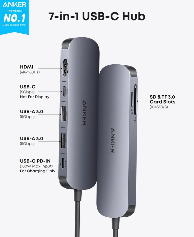 Anker USB C Hub, 7-in-1 Multi-Port USB Adapter USB C to HDMI Splitter for Type C Devices (Charger Not Included)