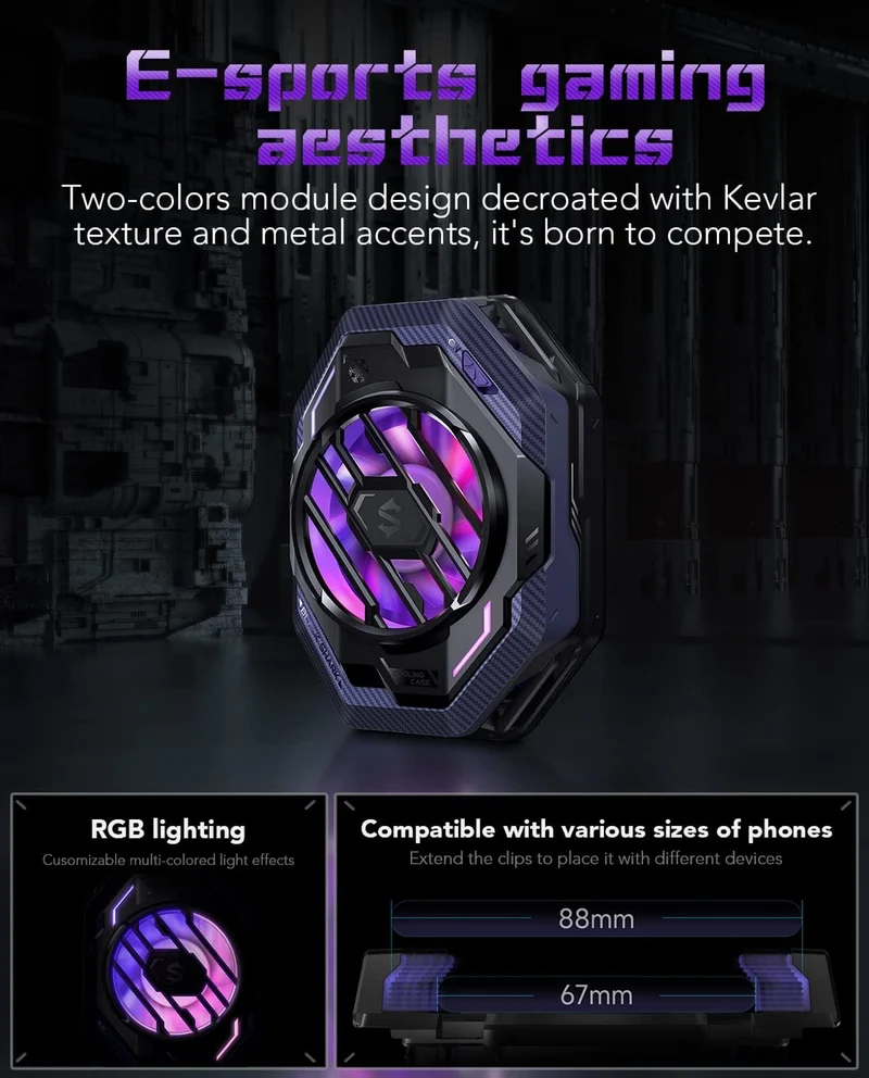 Cell Phone Cooler Black Shark Fun Cooler 3Pro, Cellphone Radiator with Sleep Timer/Fan Speed Settings (Purple)