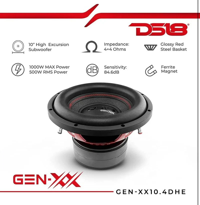 DS18 GEN-XX10.4DHE 10" High Excursion Car Subwoofer 1000 Watts Max Dual Voice Coil (1 PC)
