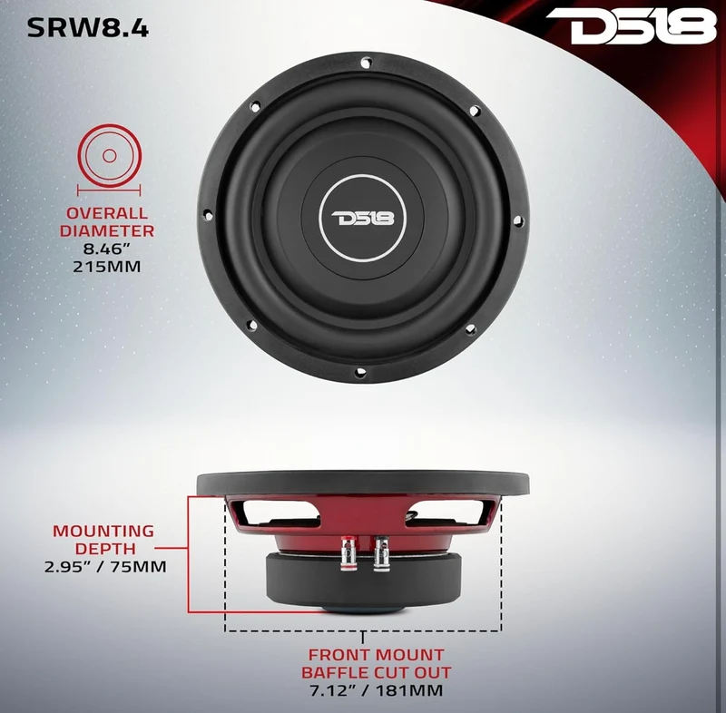 DS18 SRW8.4 8" Shallow Car Subwoofer - 300 Watts, Single Voice Coil, 4-Ohm (1 PC)