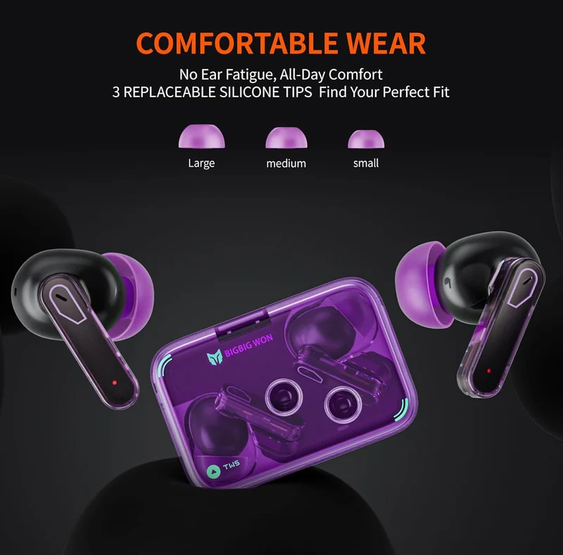 BIG WON True Wireless Bluetooth Earphones Active Noise Canceling Bluetooth Water Resistant, 25H Listening - Purple