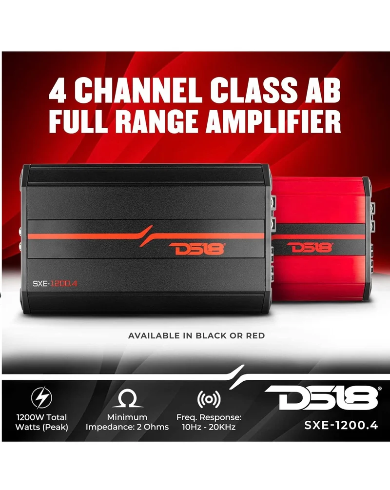 DS18 SXE-1200.4/RD Car Amplifier Stereo Full-Range Class A/B 4-Channel @4 OHM 1200 Watts - Powerful and Compact Amp - NEW