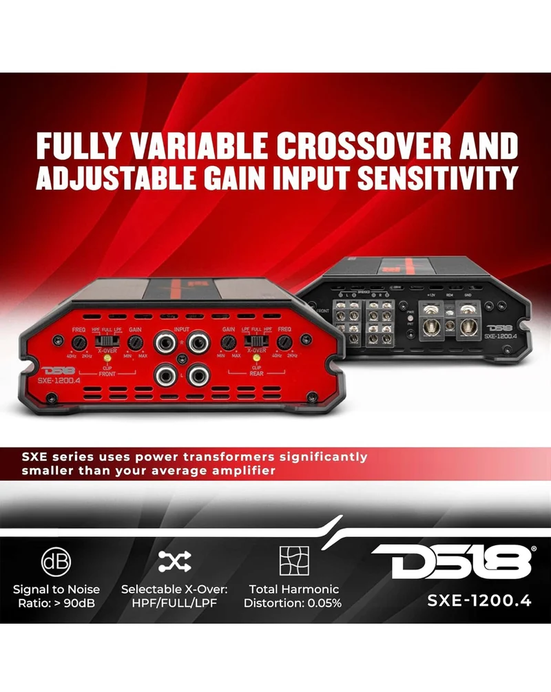 DS18 SXE-1200.4/RD Car Amplifier Stereo Full-Range Class A/B 4-Channel @4 OHM 1200 Watts - Powerful and Compact Amp - NEW