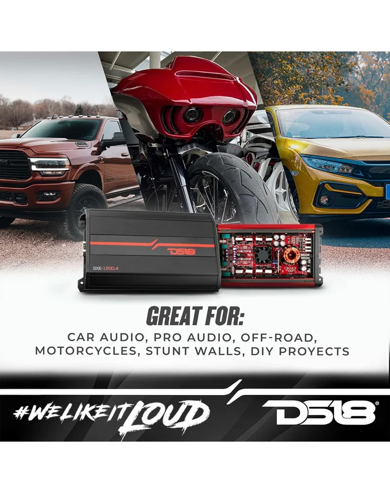 DS18 SXE-1200.4/RD Car Amplifier Stereo Full-Range Class A/B 4-Channel @4 OHM 1200 Watts - Powerful and Compact Amp - NEW