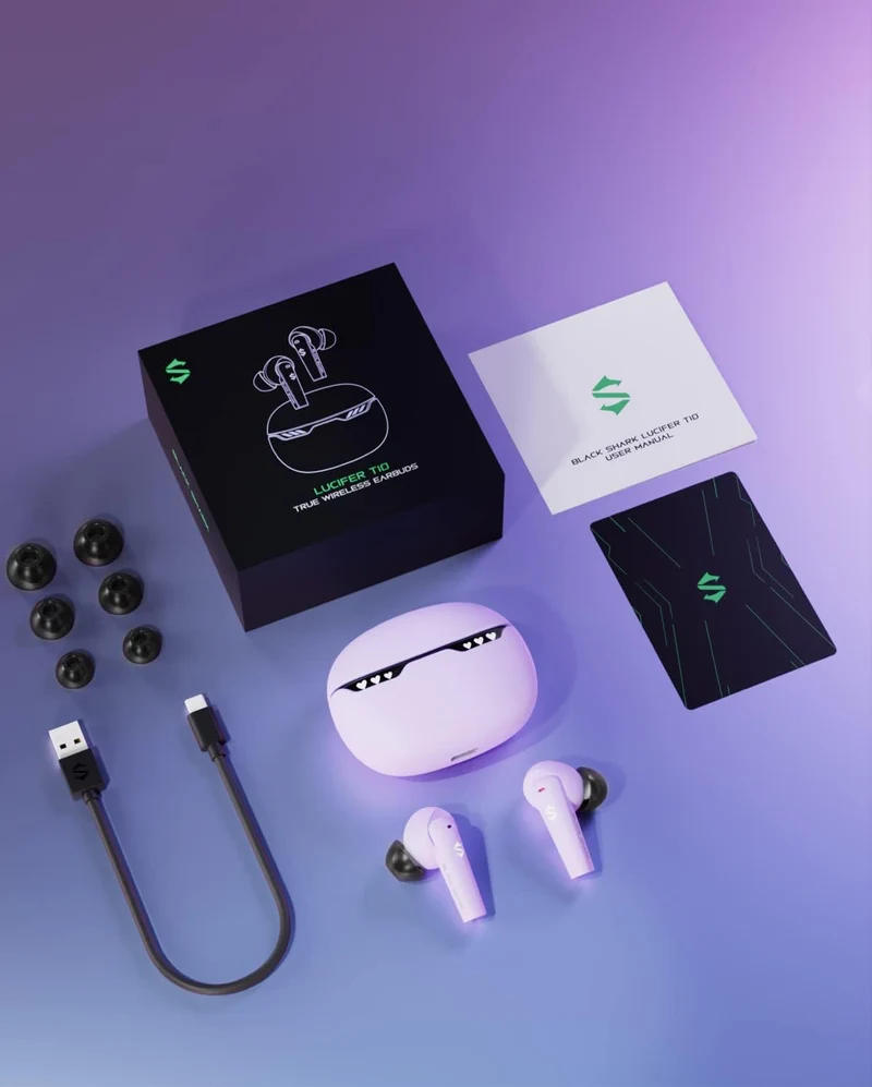 Black Shark Wireless Earbuds w/ LED Light, 45ms Ultra Low Latency - IPX5 Waterproof - Purple