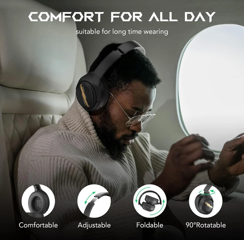 Black Shark JoyBuds Max Active Noise Cancelling Headphones, 50H Playtime Wireless Over Ear Headphones w/ Microphone, Bluetooth (Black)