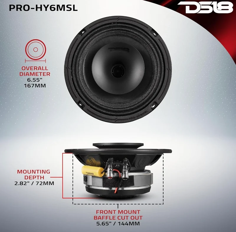 DS18 PRO-HY6MSL 6.5" Shallow Hybrid Mid-Range Car Audio W/ Built-in Driver and Grill Included - 1PC