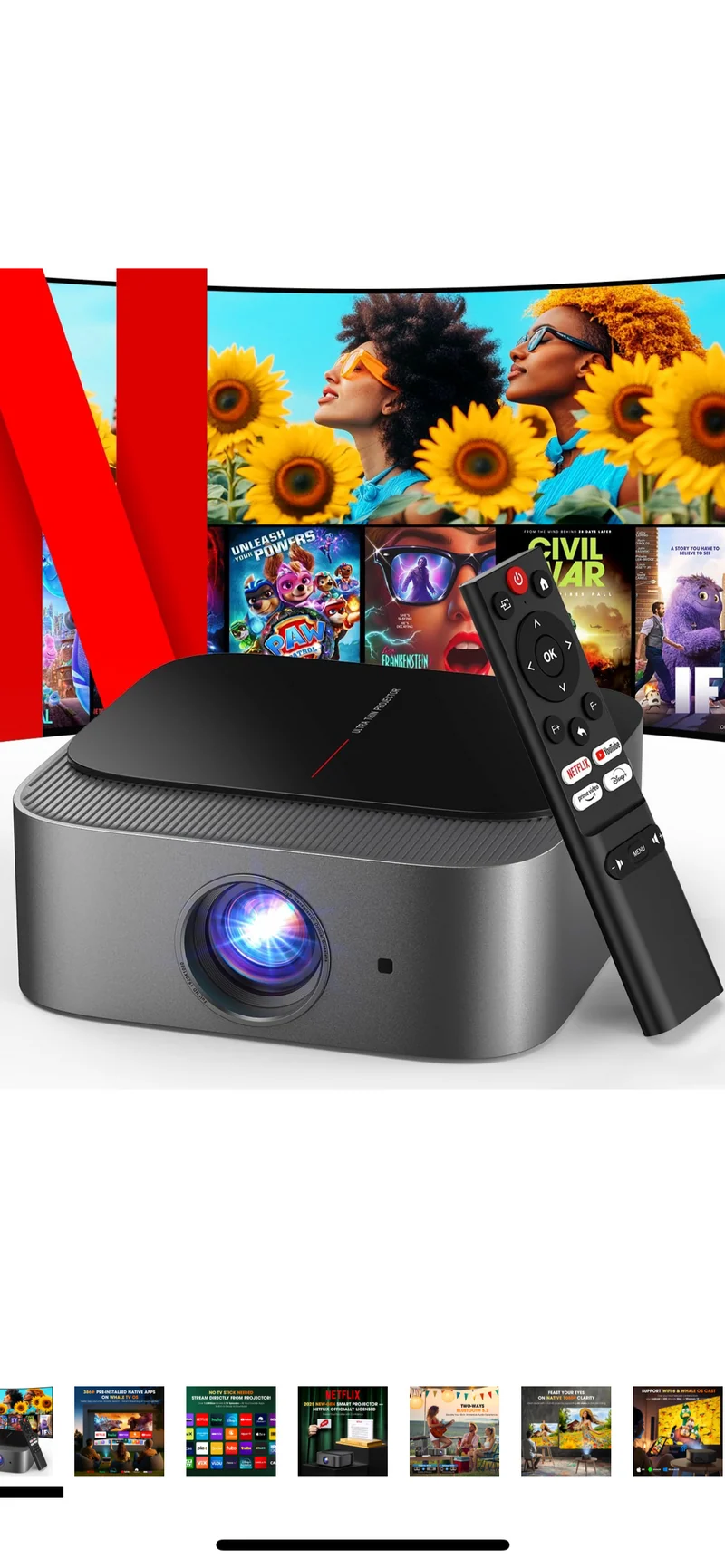 2025 Netflix-Official | 386+ Built-in Apps] DBPOWER E2 Smart Projector with WiFi and Bluetooth, Mini Projector 4K Support with Netflix, Youtube, Disney+, Hulu, Max, Crunchyroll w/ Portable Case