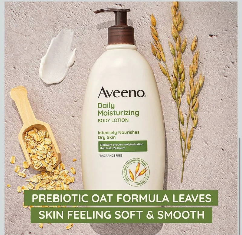 Aveeno Daily Moisturizing Body Lotion with Soothing Prebiotic Oat, Gentle Lotion Nourishes Dry Skin With Moisture, Paraben-, Dye- & Fragrance-Free, Non-Greasy & Non-Comedogenic, 18 oz (2 Pack)
