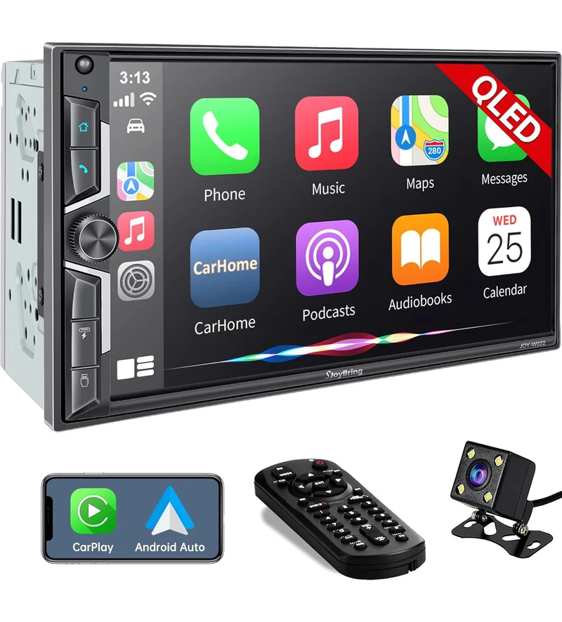Double Din 7 inches Car Radio Receiver with Carplay, Android Auto, QLED Touchscreen, Bluetooth, 4-Channel RCA, 60W*4 High Power, Subwoofer w/ Backup Camera